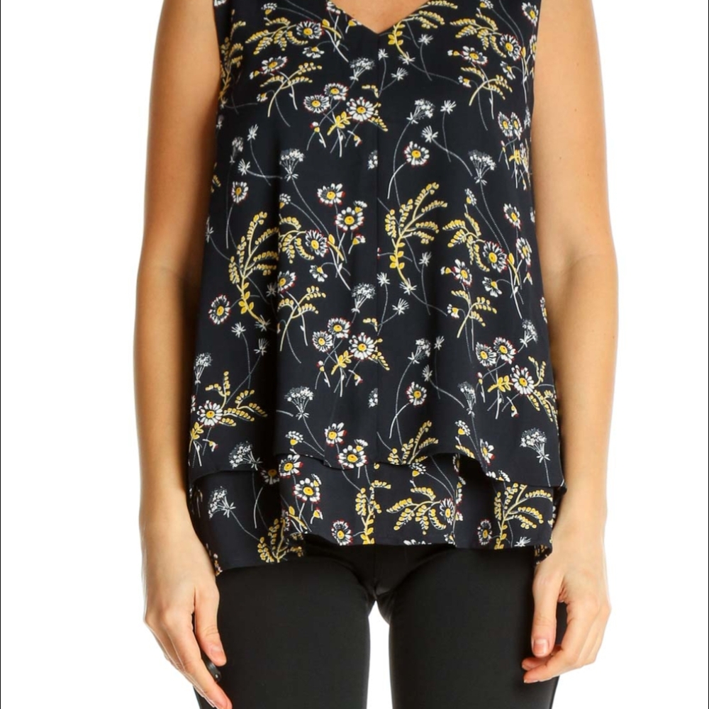Tiered Floral Sleeveless Top - Navy